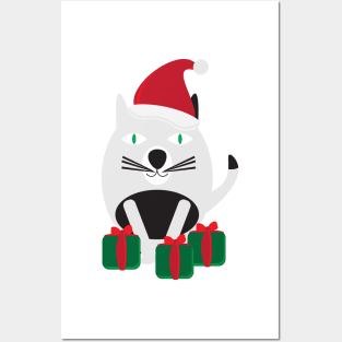 White Black Cartoon Cat with Santa Hat and Green Red Gifts Posters and Art